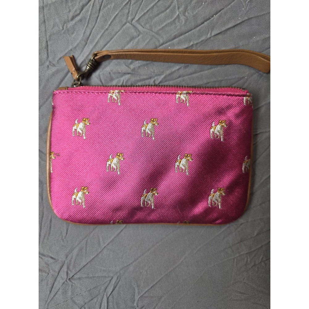 J.Crew Pink Embroidered Dog Wristlet Clutch Zip Pouch Leather Trim